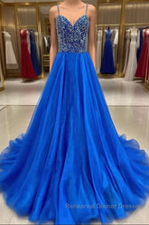 Royal Blue Semi Formal Prom Dresses A Line Spaghetti Straps Long Party Evening Dresses with Beading